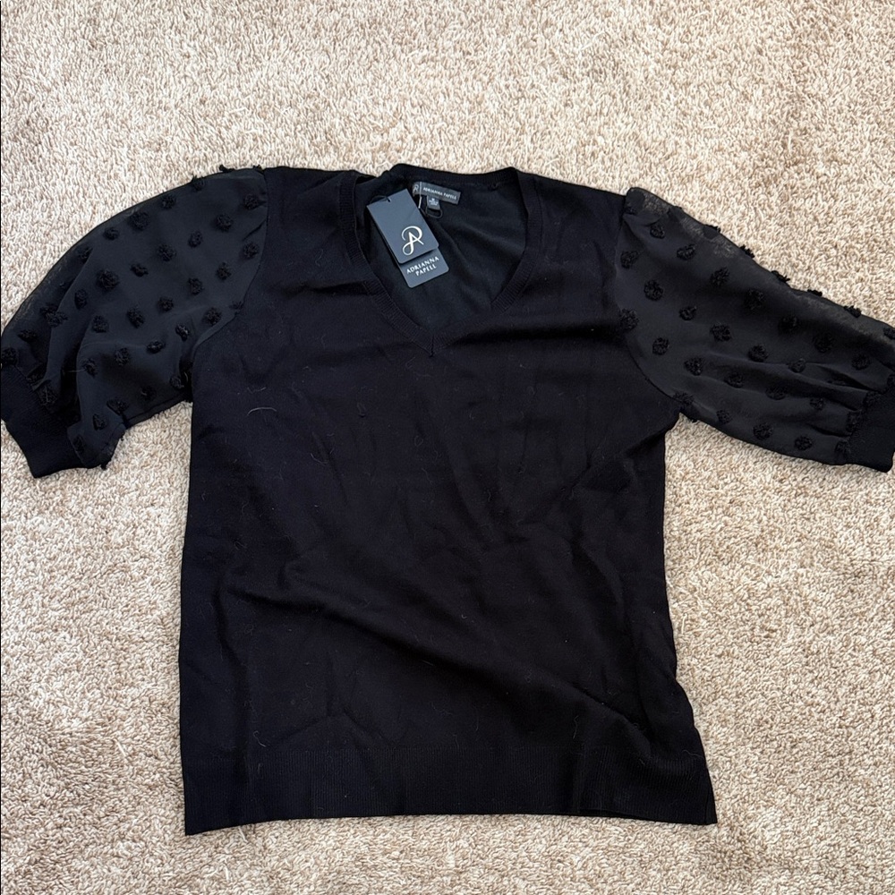 Adrianna Papell Black Sweater Top with Textured Puff Sleeves Sz m